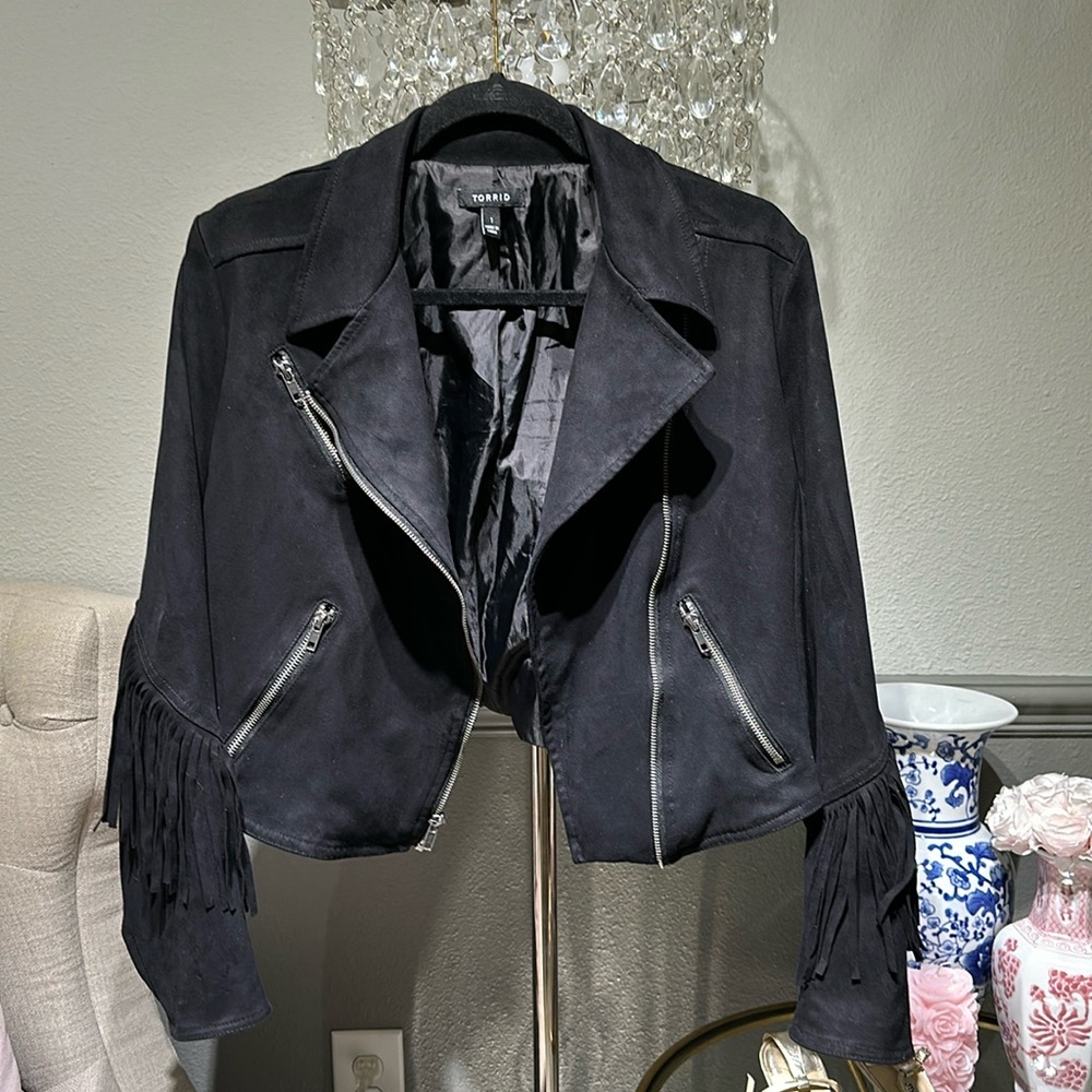 Torrid Black Micro Suede Black Fringe Jacket